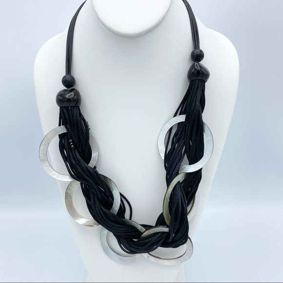 Mother of Pearl Rings Multi Black Cord Statement Necklace - Picture 6 of 10